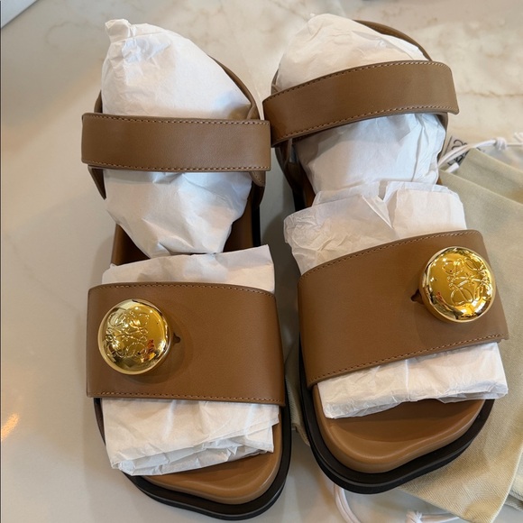 Loewe Brown Leather Slide Sandals with Gold Medallions - Picture 2 of 6